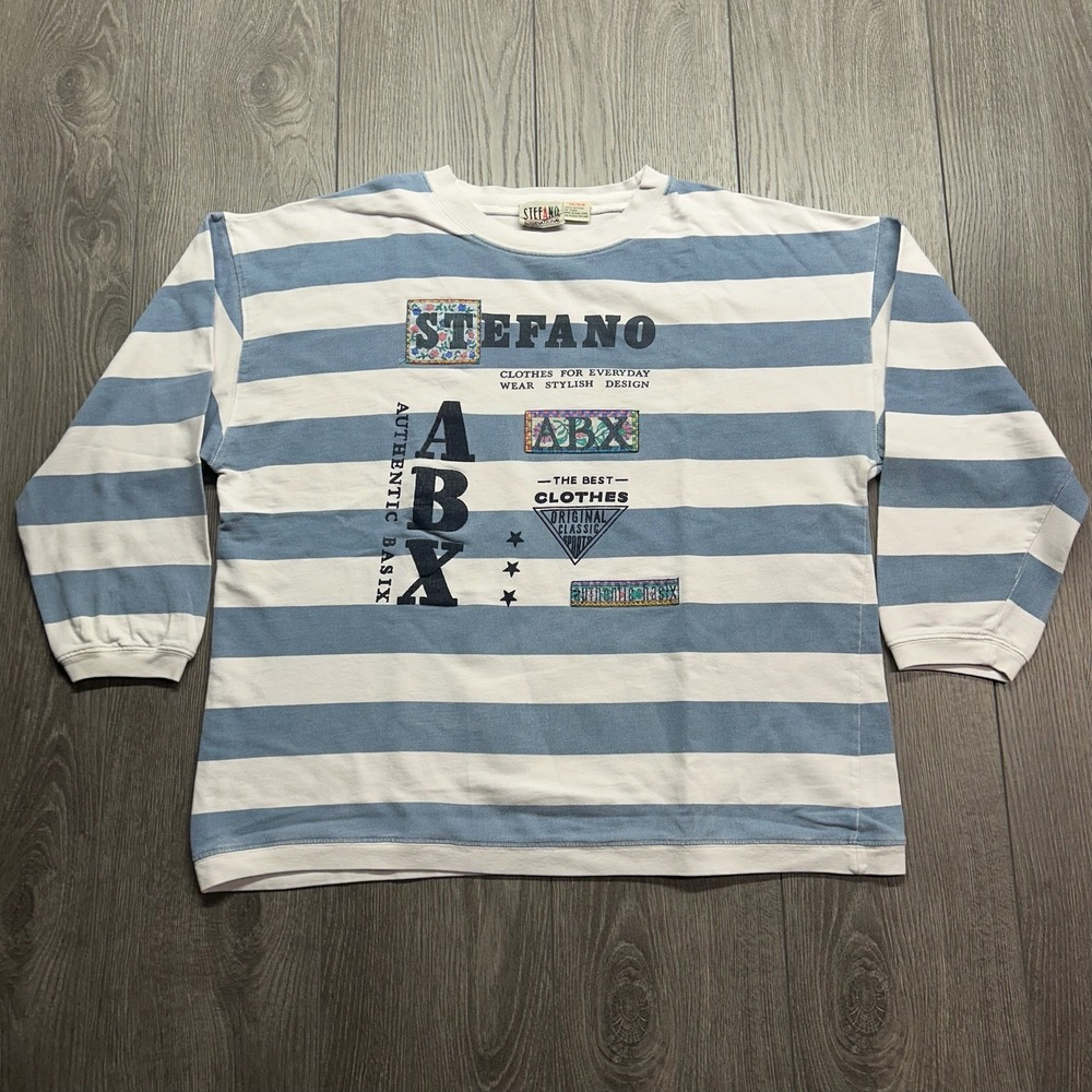 Vintage Stefano International Striped Sweatshirt 90s Blue White Graphic 14/16W